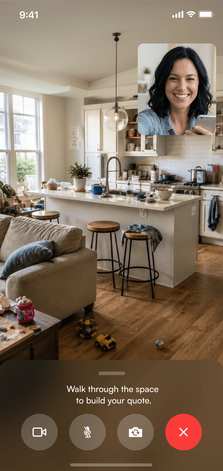 Live walkthrough preview on iPhone showing a home interior