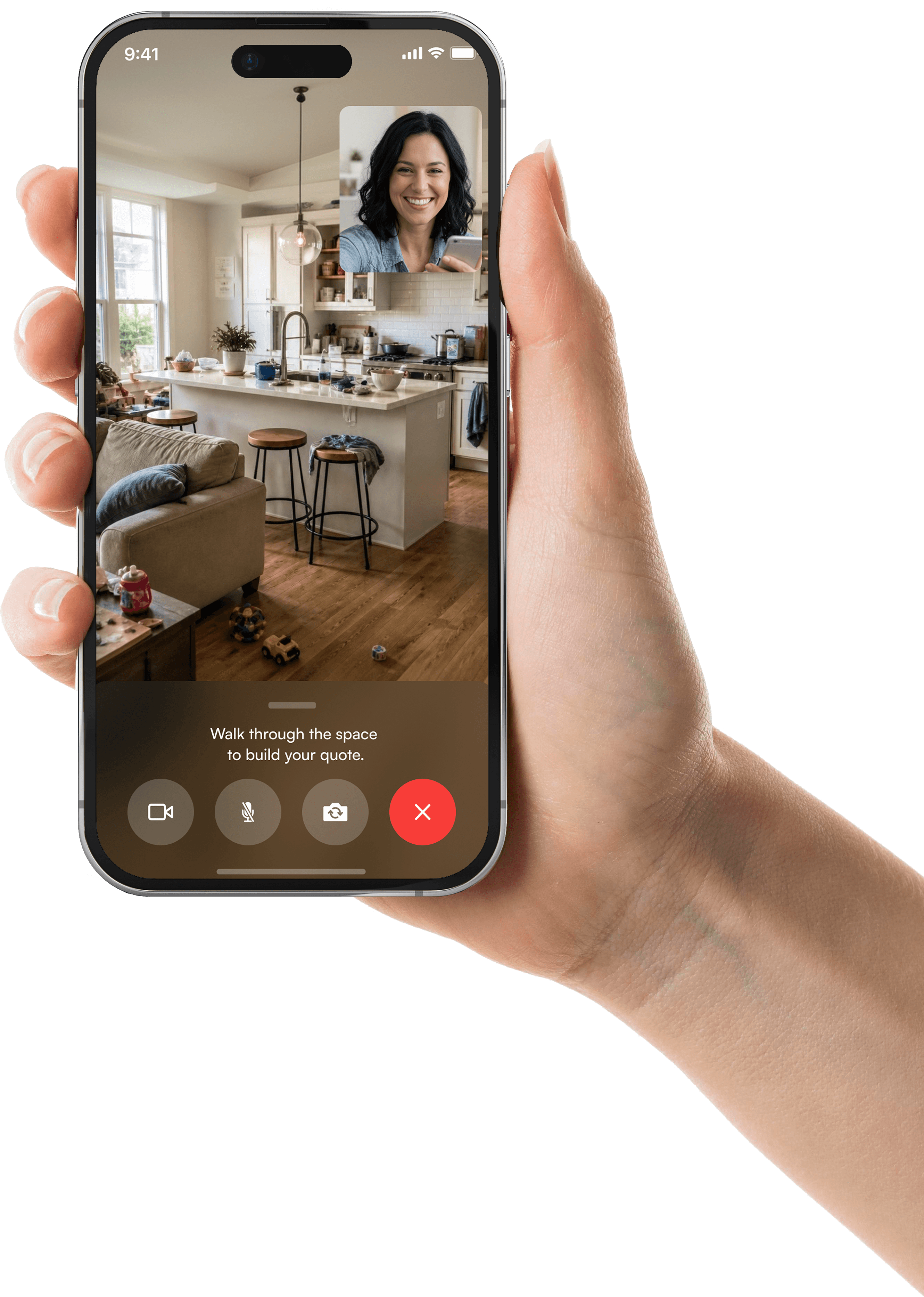 Virtual Bid live walkthrough on a smartphone showing a host in a modern kitchen